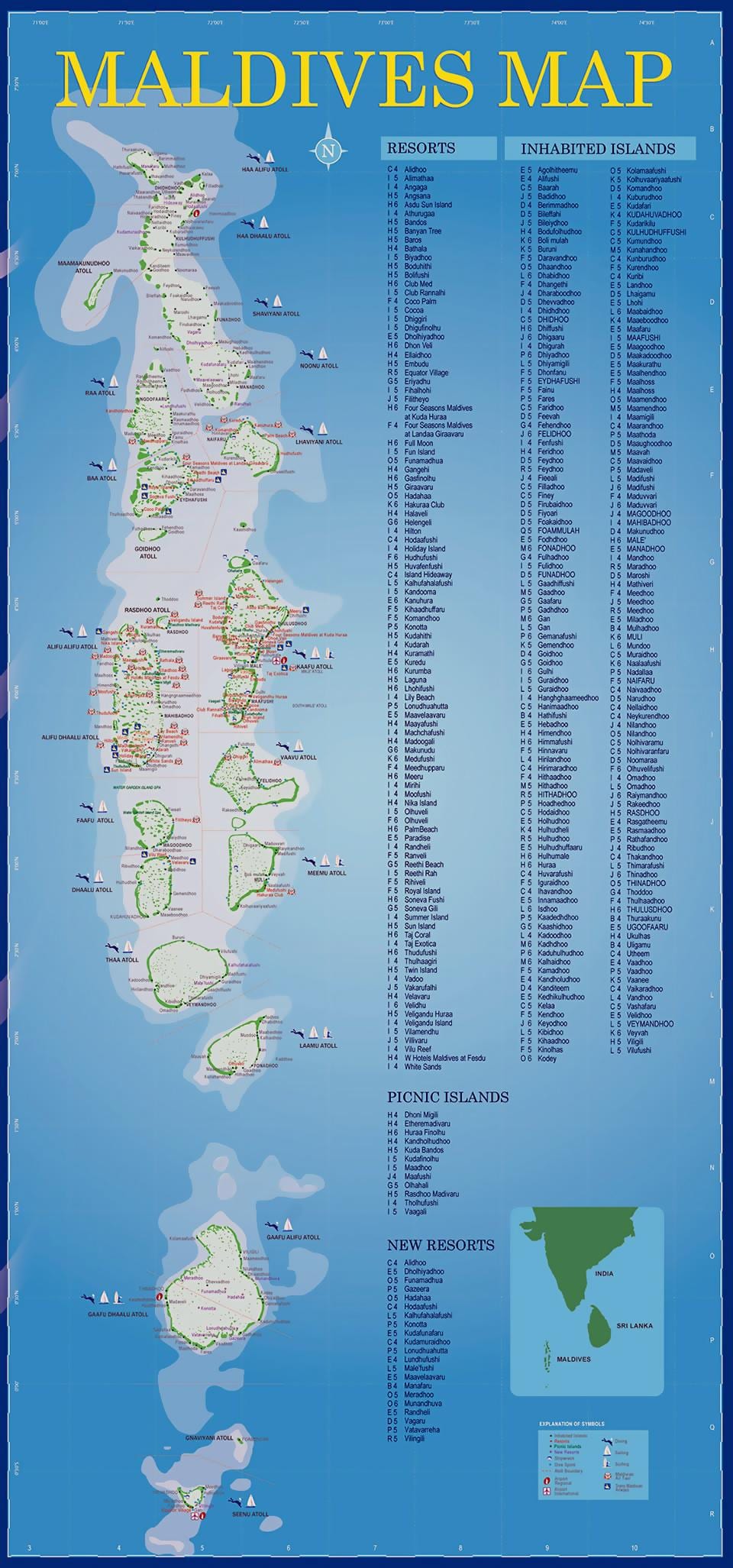 地図モルディブ諸島のリゾート